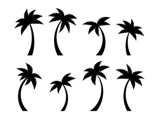 Obraz premium Black palm trees icon set isolated on white background. Collection of tropical palm trees silhouettes for poster, banner and promotional products. Summer time. Vector illustration