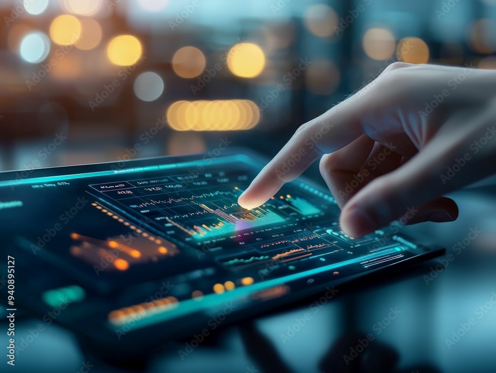 Wall mural close-up of a finger interacting with data analytics on a futuristic touch screen tablet in a modern