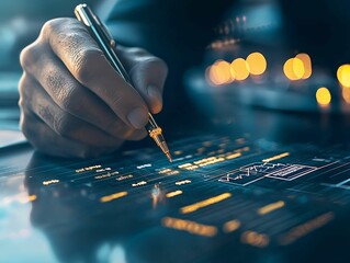 Close-up of a laptop screen displaying financial data and analytics dashboard in a bright modern office setting, emphasizing advanced technology and real-time analysis.