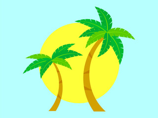 Two palm trees against the sun. Tropical palm trees with green foliage and sun on a blue background. Summer time. Design for advertising brochures, banners and travel agencies. Vector illustration