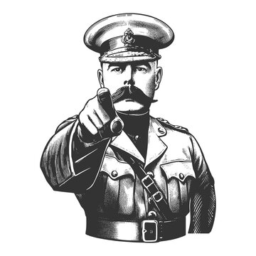 recommend clip art: stern military commander, pointing directly forward, symbolizing recruitment, authority, and duty sketch engraving generative ai raster illustration. Scratch board imitation. Black and white image.
