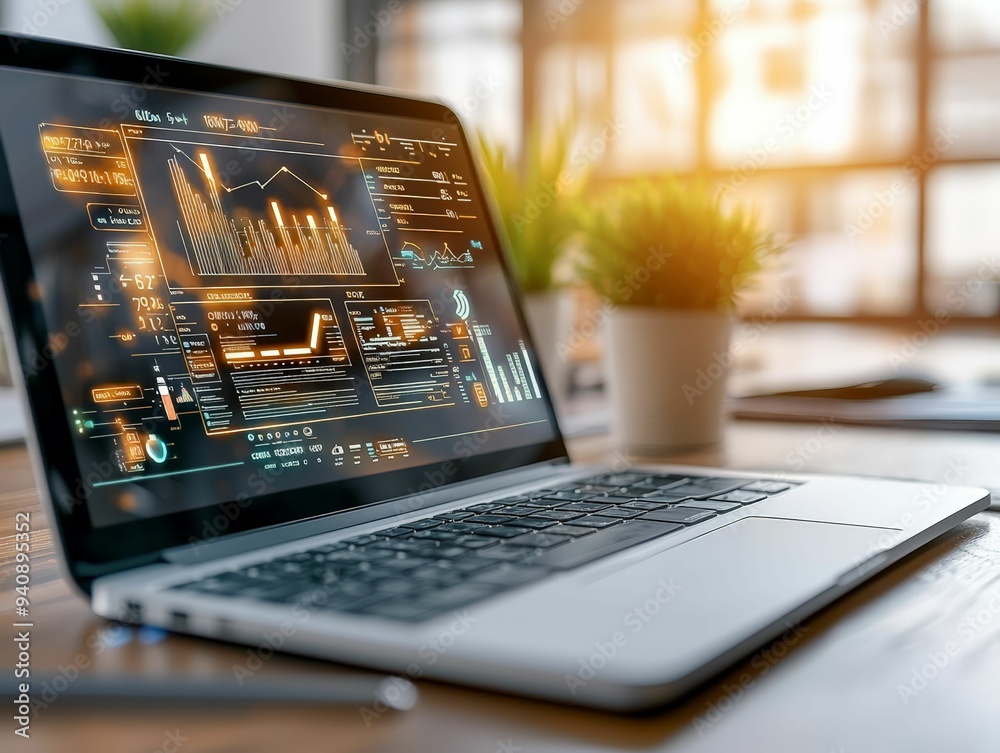 Wall mural close-up of a laptop screen displaying financial data and analytics dashboard in a bright modern off