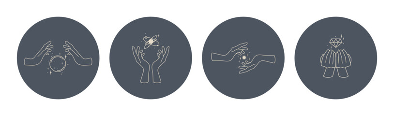 Set of mystical logos with sun, stars. Hand holding sun, stars, magic ball, gemstone. Set of vector drawings for tattoo, astrology, boho design, horoscope, beauty salon. Vector line illustration