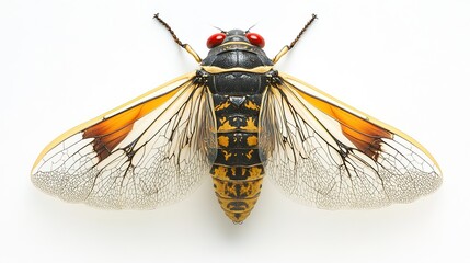 Top-down view of a colorful cicada insect showing its detailed body structure