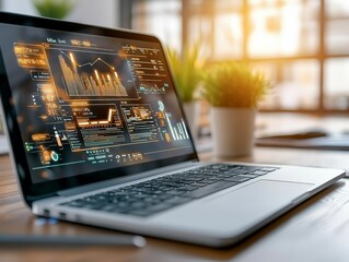 Close-up of a laptop screen displaying financial data and analytics dashboard in a bright modern office setting, emphasizing advanced technology and real-time analysis.