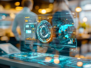 A futuristic holographic data interface displaying global analytics in a modern office environment, highlighting advanced technology and real-time data visualization.