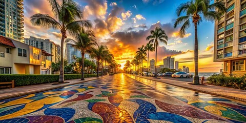 Fototapeta premium North Miami beachfront streets unfolding in symphony with vibrant multicultural murals brightening pavement as Worm's Eye View Shot 