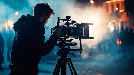 Fototapeta premium A cinematographer setting up a camera on a tripod with a soft light illuminating the scene
