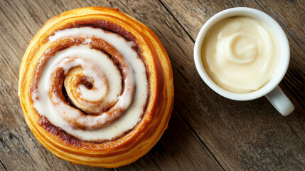 Fototapeta premium Cinnamon Roll Indulgence: A freshly baked cinnamon roll generously drizzled with icing sits beside a cup of steaming hot coffee on a rustic wooden table. 