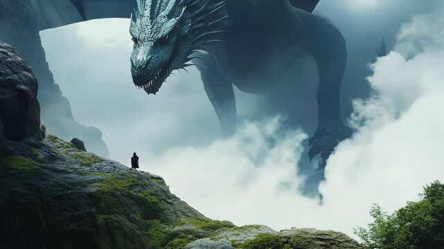 Massive dragon swoops through stormy skies above misty cliffs. Lone figure stands dwarfed on rocky outcrop, emphasizing creature's colossal scale. 