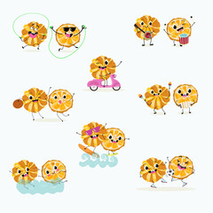 Orange Citrus, aurantium, Corrugato, funny characters fruits. Citrus aurantium Corrugato or bitter orange or bitter mandarin, pomeranian fruit. Hand drawn vector illustration.