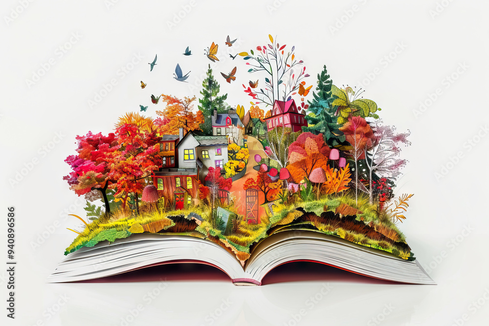 Wall mural enchanting open book with a detailed pop-up autumn landscape, symbolizing the magic of storytelling