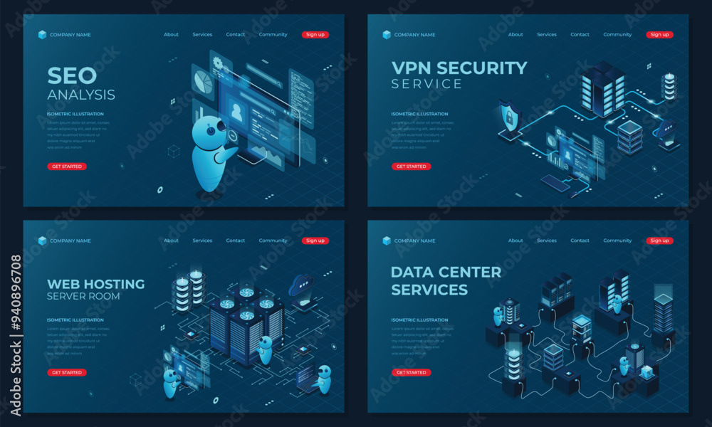Wall mural set of isometric landing page templates. modern technology concept for seo analysis, web hosting tec
