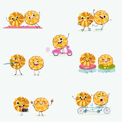 Orange Citrus, aurantium, Corrugato, funny characters fruits. Citrus aurantium Corrugato or bitter orange or bitter mandarin, pomeranian fruit. Hand drawn vector illustration.