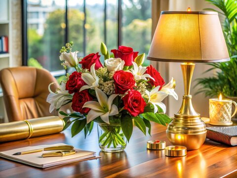 Floral arrangements adorn a cluttered office desk, juxtaposed with scattered papers, a bouquet of red roses and white lilies, macro shot of intricate petals 