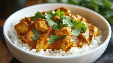 A bowl of spicy Indian chicken curry served with aromatic basmati rice, garnished with fresh cilantro.