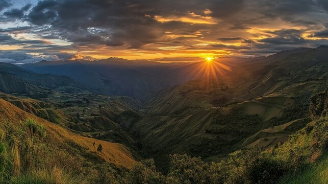 A breathtaking sunset over Coroico Valley, highlighting the lush, rugged terrain typical of Bolivian mountain landscapes.