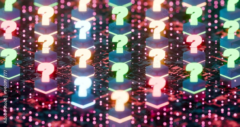 Poster Glowing Question Marks on Circuit Board Background Representing Digital Innovation and Problem Solving
