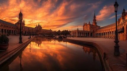Naklejka premium A breathtaking sunset over Plaza de Espas in Seville, where warm hues reflect off the historic architecture and serene canals.