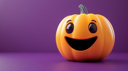 A cheerful 3D pumpkin with a smiling face on a vibrant purple background, perfect for Halloween themes and promotions, with copy space.