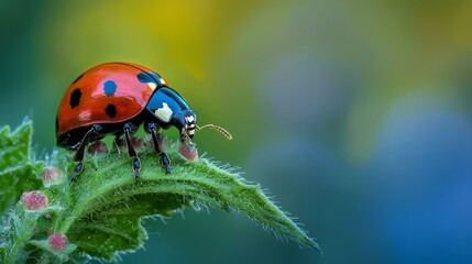 Fototapeta premium A detailed shot of a red-blue insect on verdant foliage, adorned with multitudes of minuscule white specks