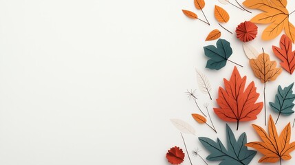 Obraz premium Autumn leaves scattered on white textured background, fall season border or frame, natural foliage decoration for thanksgiving invitation or october mood, minimal seasonal design
