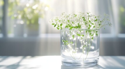 Transparent vase filled with invisible blooms, illuminated by soft natural light. The vase's edges are sharp, yet the flowers are mysteriously absent