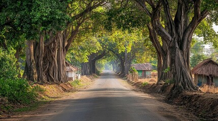 Fototapeta premium A peaceful rural road in the Indian countryside, lined with banyan trees and small huts along the way