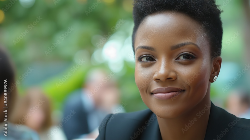 Poster a woman with a short haircut is smiling at the camera. she is wearing a black jacket and she is in a