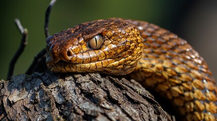  A snake's head focused on a tree branch with a softly blurred backdrop