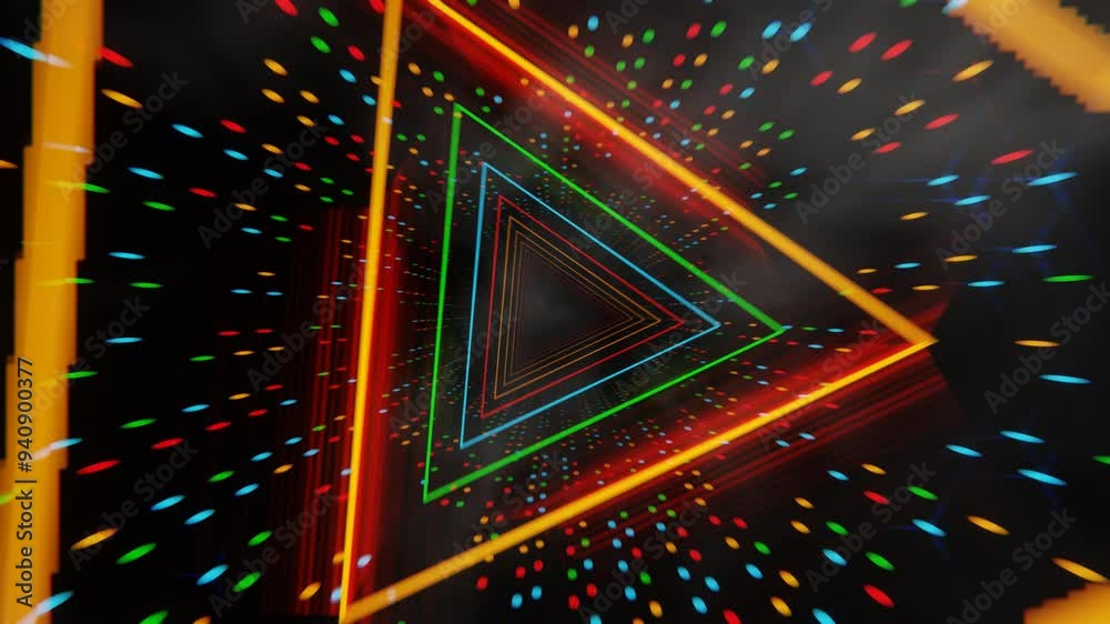 Poster Futuristic glowing triangular tunnel with colorful dots on a dark background