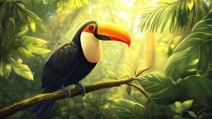 Fototapeta premium A close-up of a toucan on a branch, showcasing its striking colors against the backdrop of the jungle.