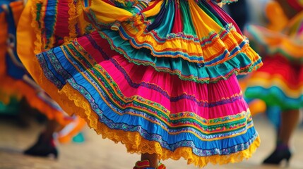 A close-up of dancers wearing traditional Mexican dresses, with flowing skirts during a cultural performance.