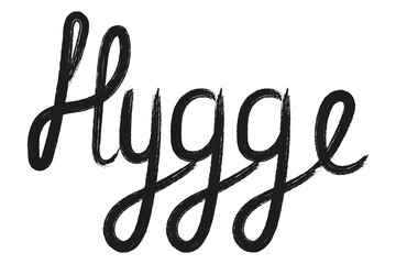 Hand drawn lettering Hygge. Decorative vector lettering in flat style for autumn, winter, home design, stickers, posters, print. Handwritten phrase in black color. Isolated on white background.
