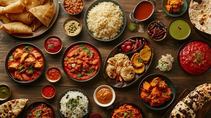 A rich spread of Indian cuisine on a traditional wooden table, vibrant colors and diverse textures