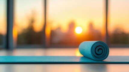 Rolled yoga mat in a serene studio during sunrise, perfect for wellness, fitness, and mindfulness concepts, highlighting the peaceful start to a day of meditation and exercise