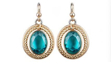 Here is a photo image of a pair of oval earrings isolated on a white background with a dangling chain.
