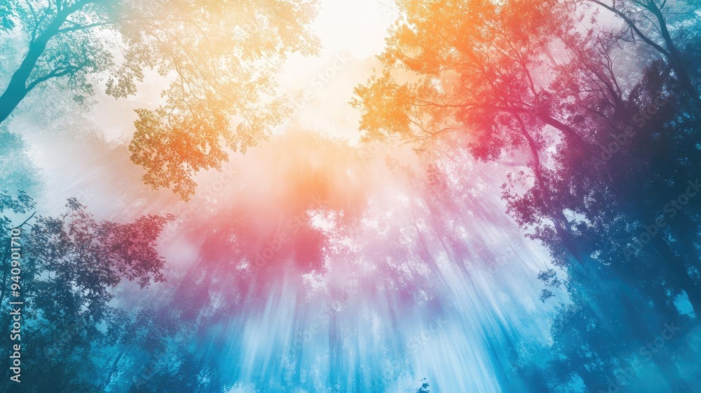 Poster a beautiful forest scene illuminated by colorful light shining through the trees, creating a serene 