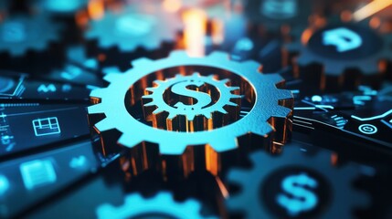 Close-up of gears with currency symbols representing financial technology and economic strategy. Concept of fintech and global economy.