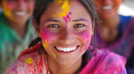 A close-up of happy faces smeared with colors during a traditional Holi festival in Nepal.