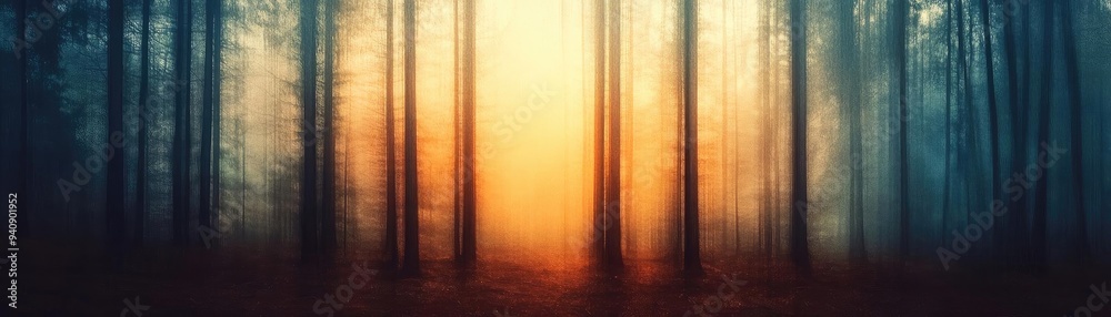 Poster a serene forest scene illuminated by warm light, creating a mystical atmosphere among the tall trees