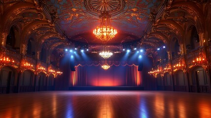 Obraz premium Illuminated Event Hall with a Stage, Ornate Ceiling, and Hanging Chandeliers