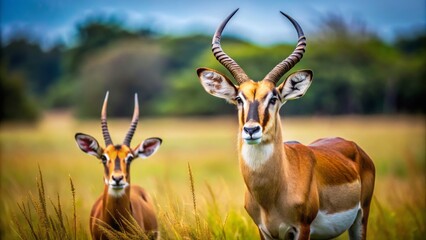 Fototapeta premium Majestic antelope stands tall in lush green field, its curious gaze meeting the camera's lens as a sleek sable fox pads silently through the tall grass.