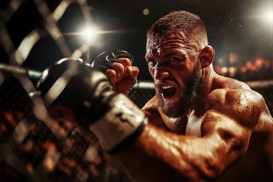 A high-energy photograph capturing a fighter poised with arms up for defense during an adrenaline-filled match, showcasing strength and focus under the spotlight.