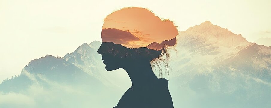 A serene silhouette of a woman with a dreamy landscape overlay, embodying tranquility and connection with nature.