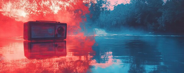 A vintage radio resting on water, surrounded by beautiful reflections and vibrant colors of flame and nature.