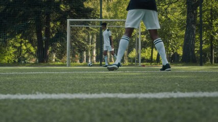 Back view slowmo shot of African American teen male soccer player kicking soccer ball at net while playing with friend outdoors in summer - Powered by Adobe