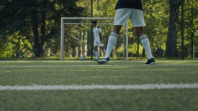 Back view slowmo shot of African American teen male soccer player kicking soccer ball at net while playing with friend outdoors in summer - Powered by Adobe