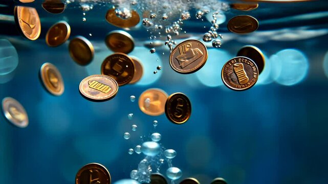 The moment the coins fall into the water. Falling coins in the water. Immersion of coins in water.