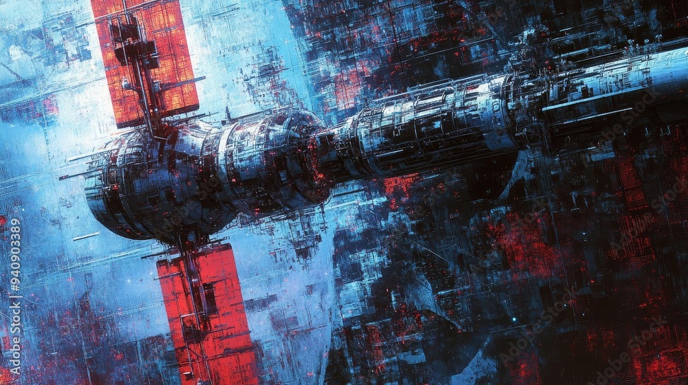 Poster futuristic space station design featuring vibrant colors and intricate structures, capturing the ess